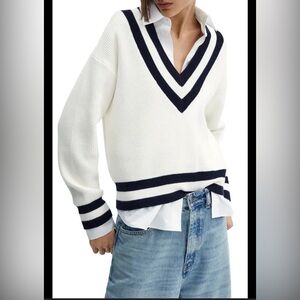 NWT Mango Contrast Stripe V-Neck Sweater, a varsity-inspired pullover